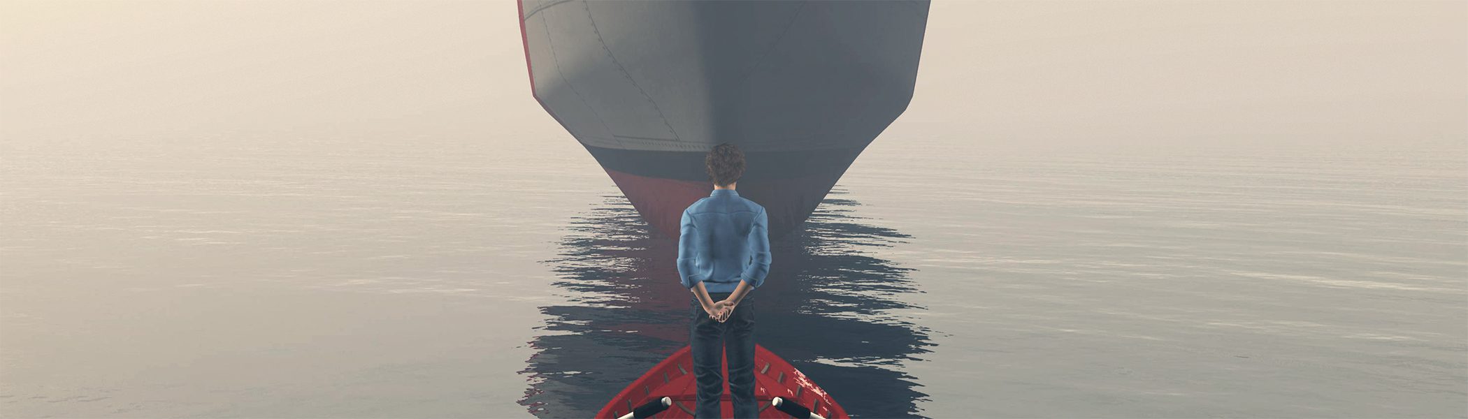 A person stands on a small boat, facing the change of the large ship ahead.