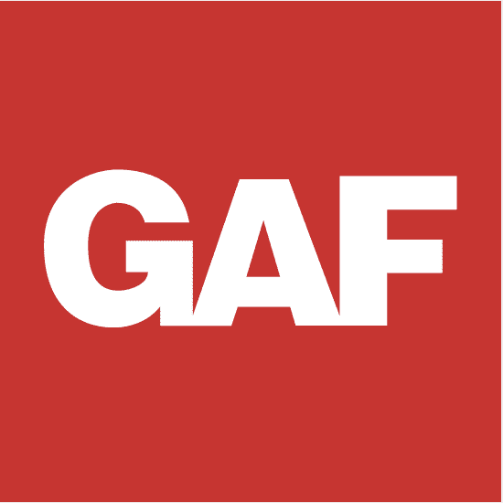 White letters on a red background spell GAF, the company's logo.